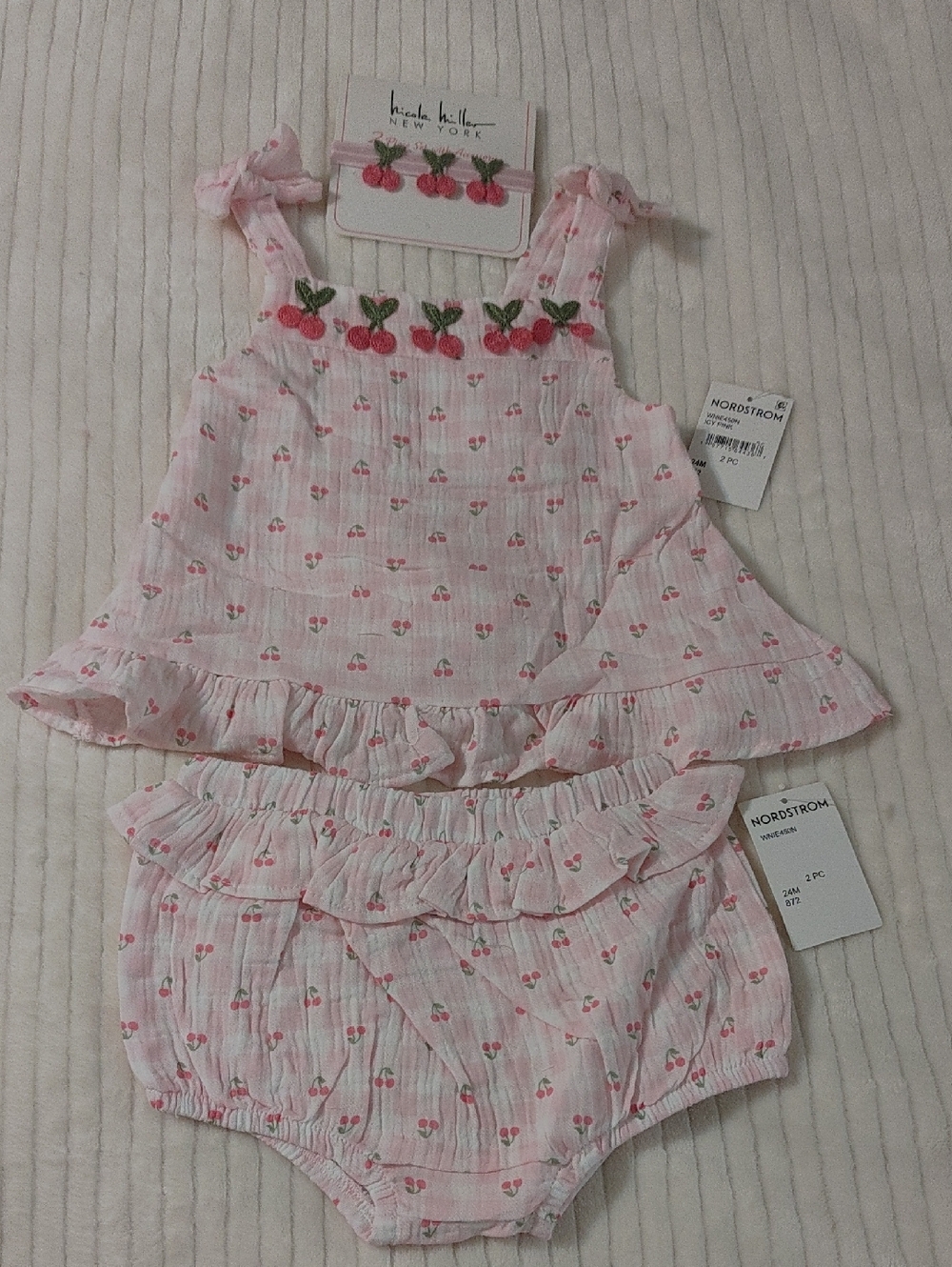Nordstrom Nicole Miller New York Icy Pink Cherry-Print Baby Two-Piece+ Accessory